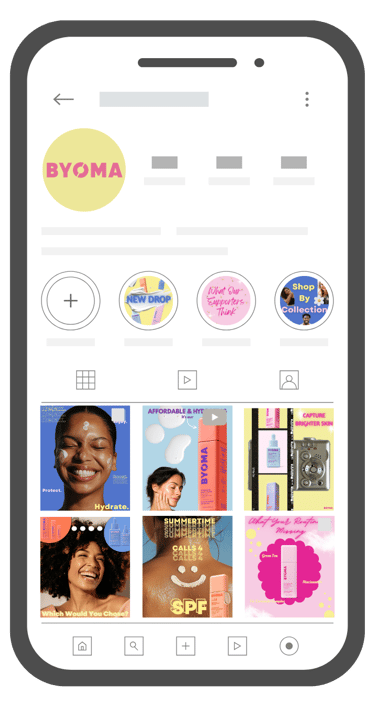 Byoma skincare Instagram profile mockup featuring a colorful grid of beauty products and models.