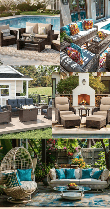 A collection of luxury outdoor patio furniture sets featuring wicker sofas, fire pits, and poolside lounge chairs.
