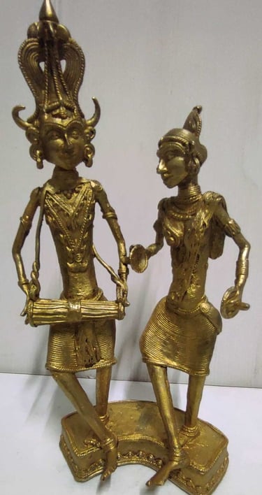 "Gold-painted brass sculpture of tribal men and women dancing with musical instruments–Bastar art-for international trade"