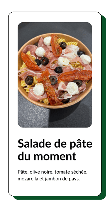 salade de pâte, olive noire, tomate séchée, mozarella et jambon de pays