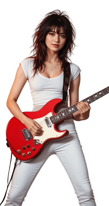 Tjej med svart hår spelar röd elgitarr i musikstudio