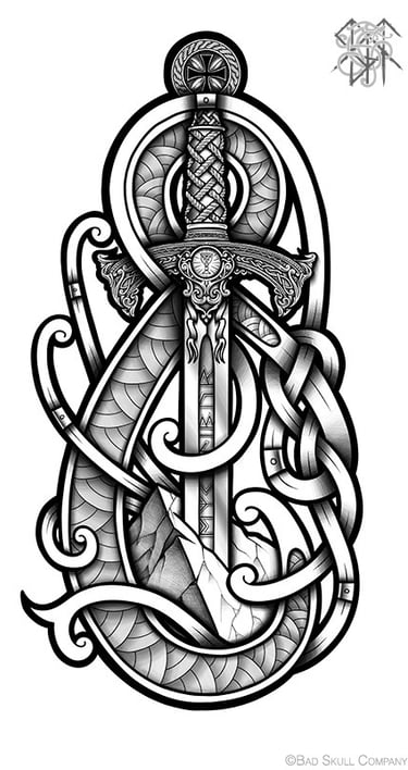 a tattoo style of a sword with a dagger and Celtic knotr