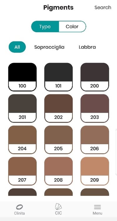 a color palette of different shades of brown, blue, and green