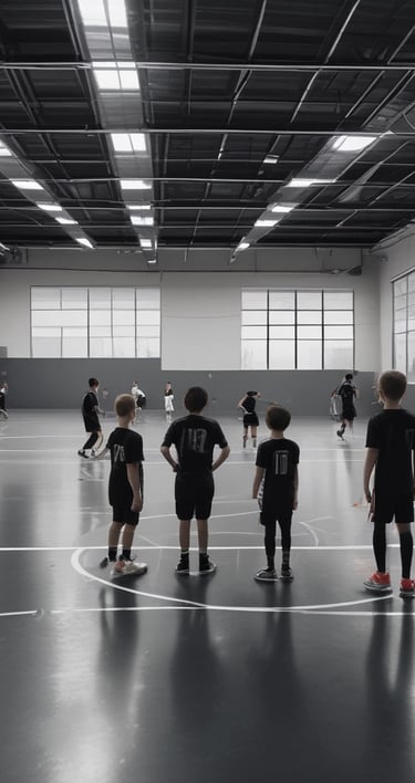 A soccer coach instructs a young player on a field set up with orange cones. The coach, dressed in black with red shoes, gestures towards the player in a pink shirt and black shorts. Other children in sports attire are visible in the background, with a soccer net and a red banner for the Milan Academy nearby.