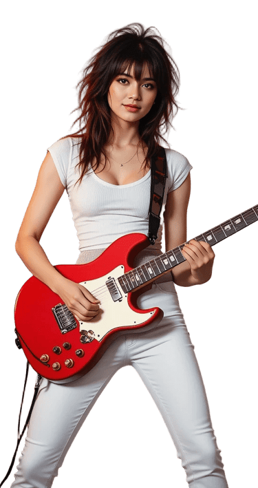 Tjej med svart hår spelar röd elgitarr i musikstudio