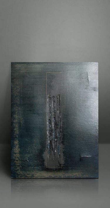 Minimalist dark blue textured abstract canvas painting with metallic vertical elements on a grey background.