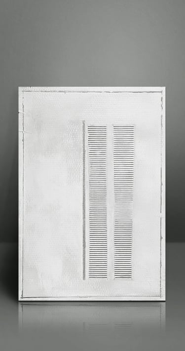 Minimalist white abstract relief sculpture with vertical textured lines on a monochromatic background.