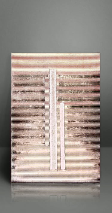 Textured abstract art with horizontal lines and vertical bars in neutral earthy tones.