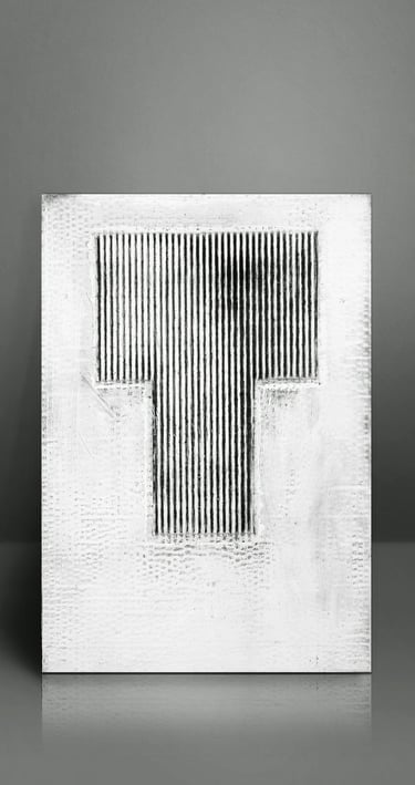 Textured black and white abstract painting featuring vertical lines in a T-shape on a white canvas.