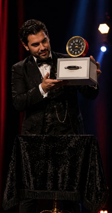 Professional magician in a tuxedo performing a stage magic trick with Tommy Wonder Nest of Boxes