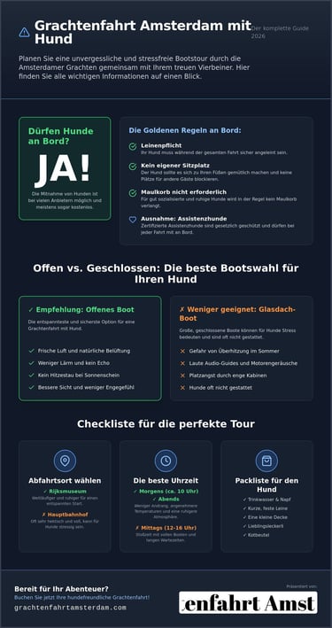Infographic in German about Amsterdam canal cruises with dogs including rules, boat types, and a checklist.