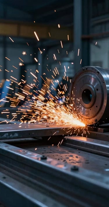 A close-up of industrial metal fabrication with bright orange sparks flying in a dark workshop, high-contrast steel blue tones, dramatic editorial photography