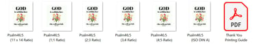 Six digital printable wall art files of Psalm 46:5 floral scripture in various aspect ratios with a PDF guide.