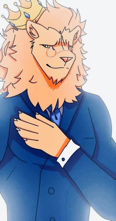 a lion in a suit and a crown on his head
