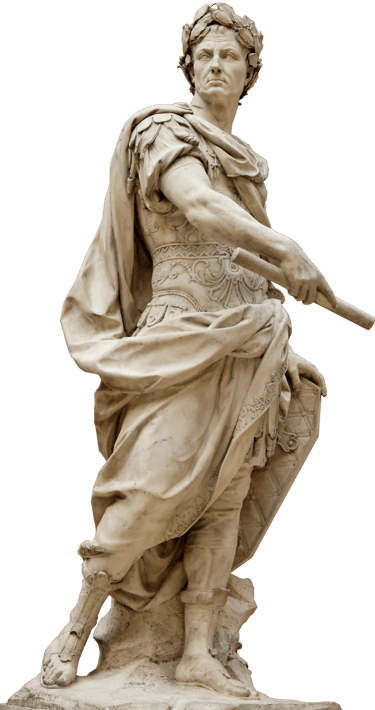 Full-length marble statue of Roman leader Julius Caesar wearing a laurel wreath and military robes.