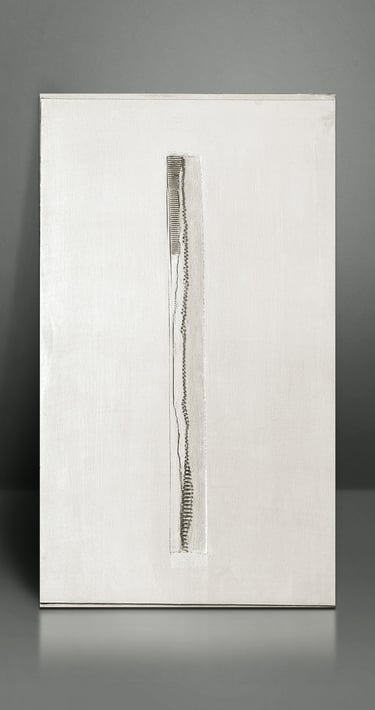 Minimalist silver abstract painting with a textured vertical spine and metallic details on canvas.