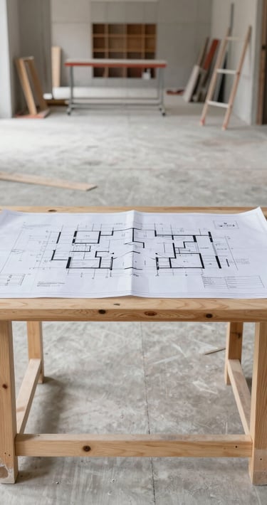 Straight-on architectural shot of an active, highly organized renovation site in Modena, clean concrete floors, blueprints on a work table, bright natural daylight, 35mm lens