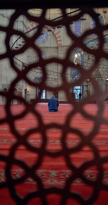 A man praying on a red carpet inside a mosque, viewed through an ornamental geometric screen.