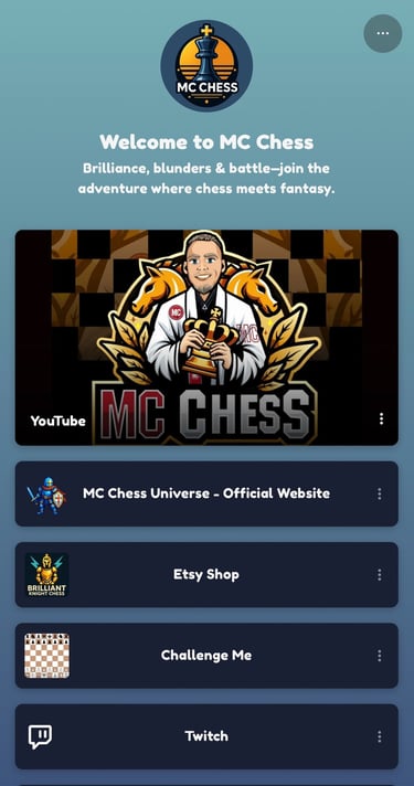 a mobile phone screen showing a menu of mc chess