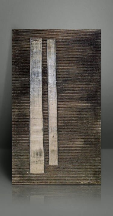 Minimalist abstract canvas wall art with dark metallic texture and two vertical silver stripes.