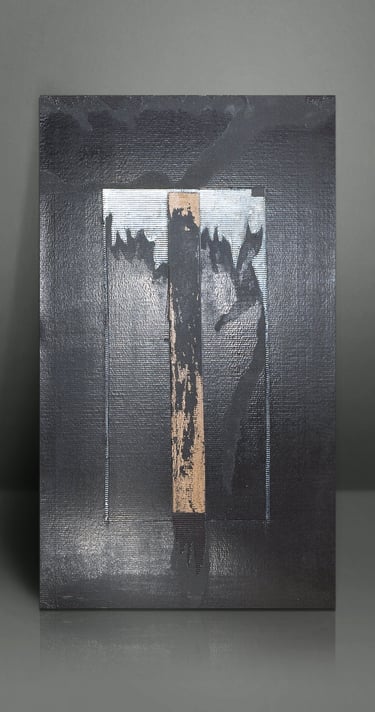 Abstract contemporary mixed media art on dark canvas with textured black paint and central wooden element.