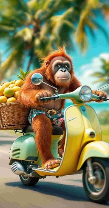 Orang utan mengendarai sepeda motor vespa. Degan kostum pantai dan dibelakang membawa keranjang berisikan kelapa muda.
