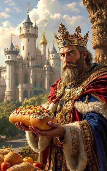 seorang raja menawarkan roti berlapis emas dengan topping yang banyak diatasnya. Di belakangnya ada bangunan kerajajaan eropa