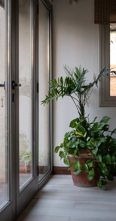 Detalle de aberturas de aluminio y una planta. Casa sucesiva en Alta Gracia.