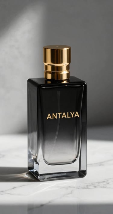 Sleek glass perfume bottle labeled ANTALYA casting sharp shadows on white marble, gold accent cap, dramatic studio lighting