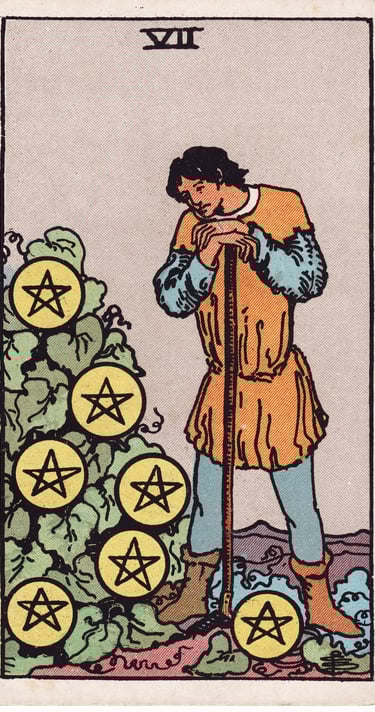 Seven of Pentacles meaning upright and reversed tarot card reading