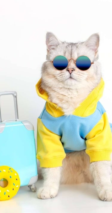 gato peludo congafas de sol y una sudadera con capucha sentado junto a una maleta de viaje azul