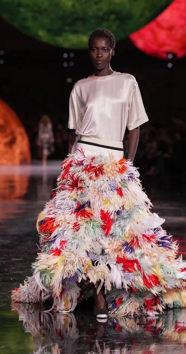 Chanel Spring Summer 2026 – Satin blouse with rainbow feather skirt.