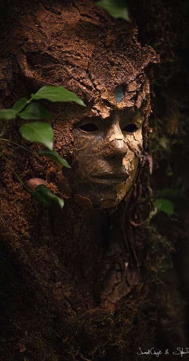 Masque d’écorce suspendue dans un environnement forestier, œuvre de Samuel Chazot explorant le lien entre art et na