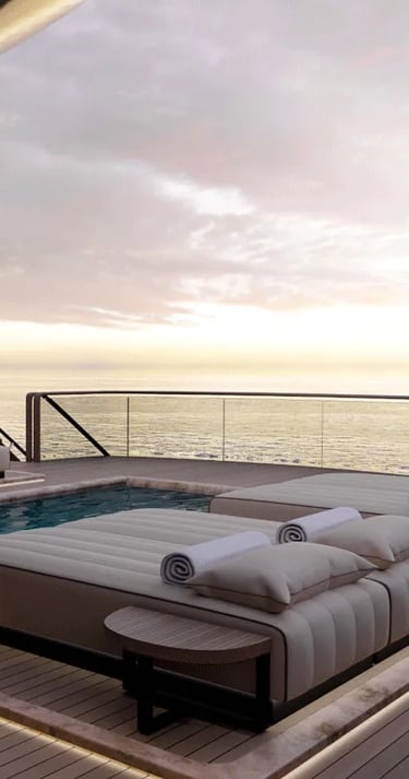 Luxury pool deck on Rise superyacht by Olesinski at sunset.