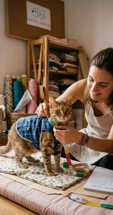 Una mujer sonriente le toma medidas a un gato atigrado que viste un chaleco azul personalizado en un