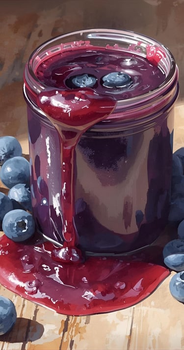 Un frasco de vidrio de mermelada casera de arándanos desbordándose sobre una mesa rústica de madera 