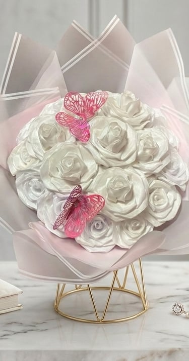 Elegante ramo de rosas de satín blanco con detalles de mariposas rosas