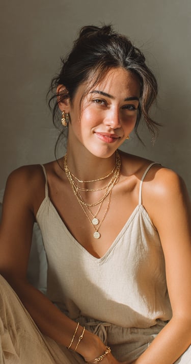 Mujer luciendo collares, aretes y pulseras doradas de estilo minimalista, inspirados en la elegancia