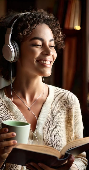 a woman with headphones smiling and reading a book