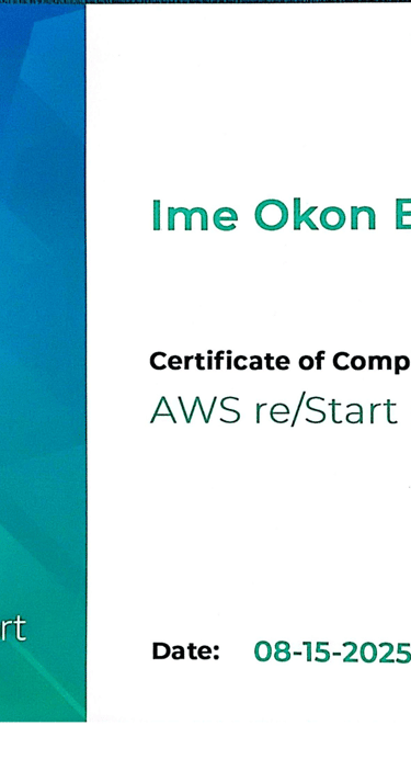 AWS re/Start Certificate showcasing renewed cloud skills, bridging 8 years’ experience.