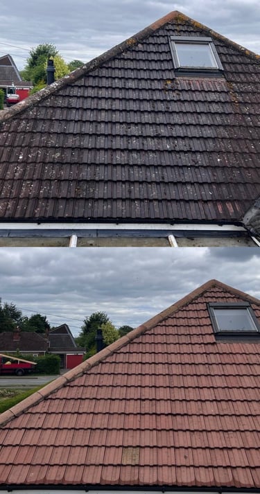 Full roof clean showing moss removal, pressure washing & chemically treated on a house in Lincoln