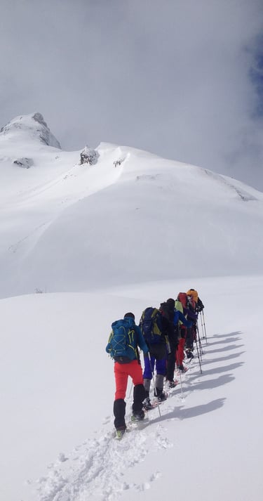 Grupo ascendiendo un pico con raquetas de nieve en el pirineo