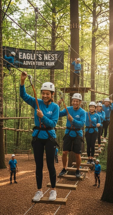 a group of people on a zip line in the woods