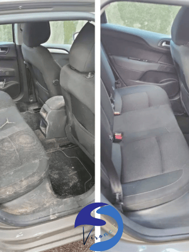 Avant-après du nettoyage des sièges arrière remplis de poils, rendus propres et nets à Verviers.