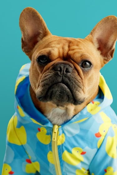 Un bulldog francés marrón con un impermeable azul con estampado de patitos de goma