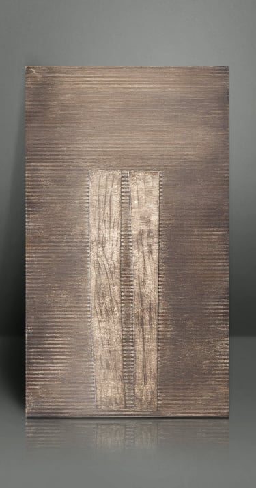 Textured bronze abstract wall art with vertical gold leaf accents on a ribbed metallic canvas.