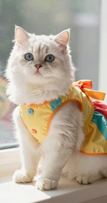 Un gato blanco esponjoso de ojos azules, con un colorido vestido para mascotas, sentado en el alféizar de una ventana soleada