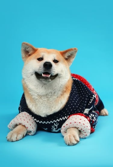 Perro raza Shiba Inu con suéter navideño fondo azul