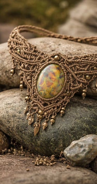 Collar de macramé hecho con piedra de tigre sobre roca.