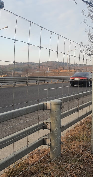 Galvanized steel wire fence installed on highway roadside, used for safety isolation and animal containment
